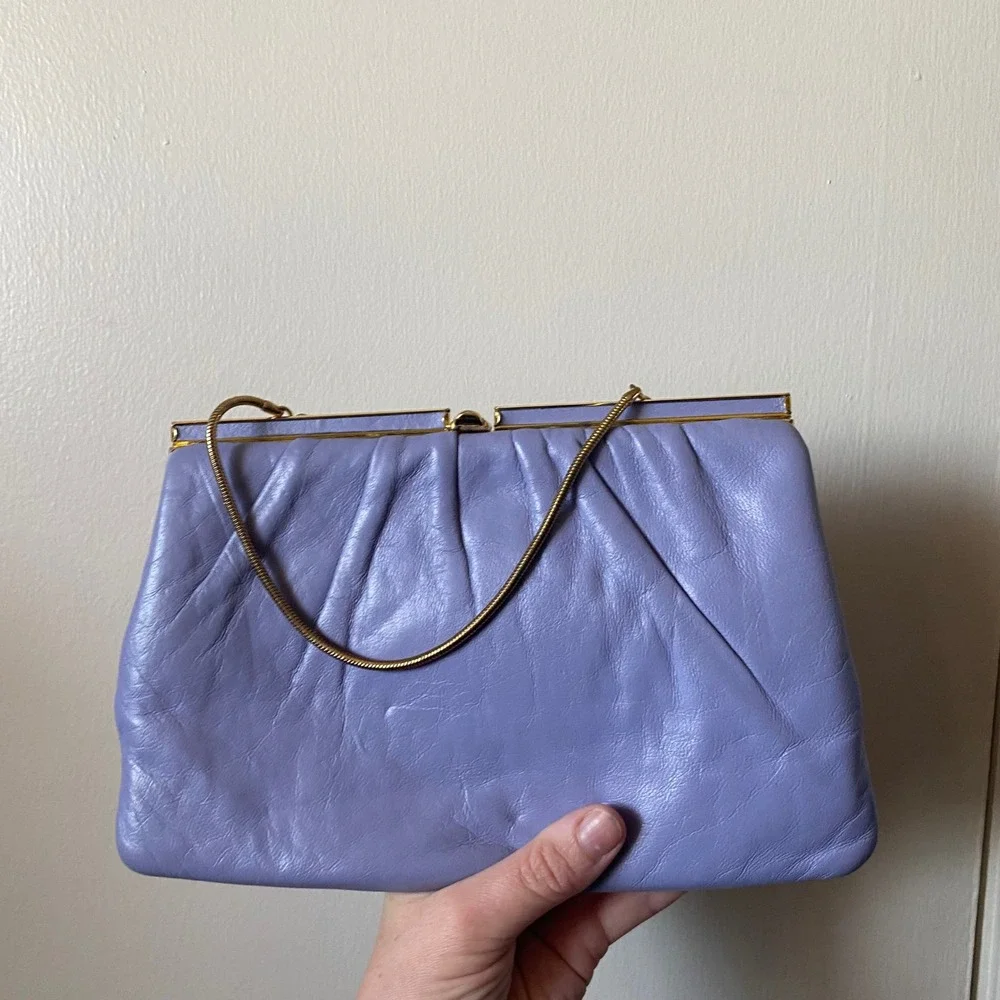 Elbief Vintage Gold Frame Periwinkle Leather Ruched Clutch Evening Bag Purse‎